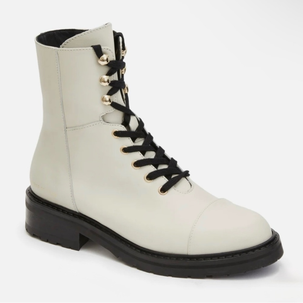 All Saints Off-White Leather Combat Boot with Black Laces and Gold Hardware